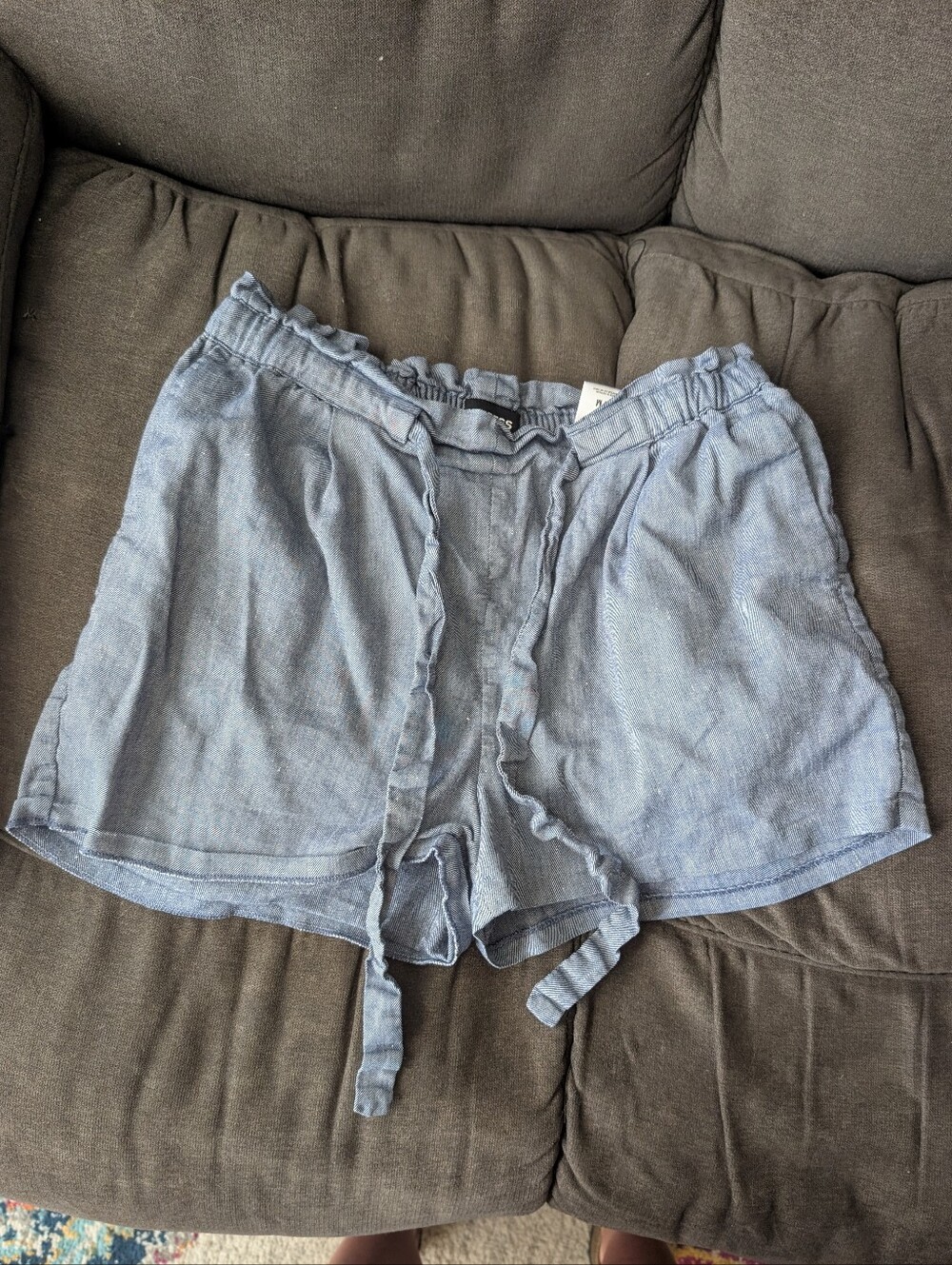 Express Light Blue High-Waist Drawstring Linen-Blend Shorts